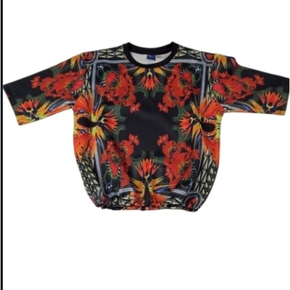 XL CROPPED FLORAL BIRD PARADISE BLACK RED ORANGE TROPICAL VACAY TOP extra large - Picture 1 of 16